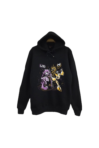 Murder Drones Baskılı Unisex %100 Pamuk Kapüşonlu Siyah Sweatshirt Siyah