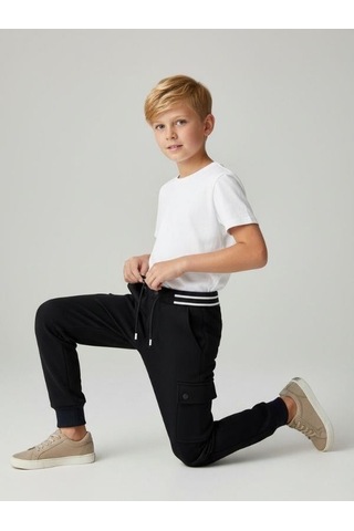 Zekids Erkek Çocuk Scuba Kumaş İçi Şardonlu Beli Paçası Lastikli Kargo Pantolon-16322 Lacivert