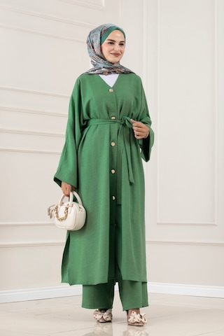 Sevitli Düğmeli Davin Abaya İkili Takım-yeşil-5980
