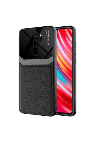 Noktaks - Xiaomi Uyumlu Xiaomi Redmi Note 8 Pro - Kılıf Deri Görünümlü Parlak Mika Tasarımlı Emiks Kapak - Siyah
