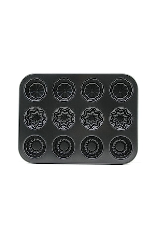 12 Gözlü Metal Muffin Kek Kalıbı - Siyah 26 Cm