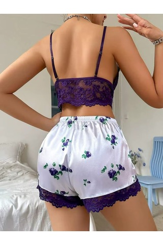 Ece's Design Dantelli 2 Li Şortlu Pijama Takımı Rahat & Şık Home Wear W2004 Mor