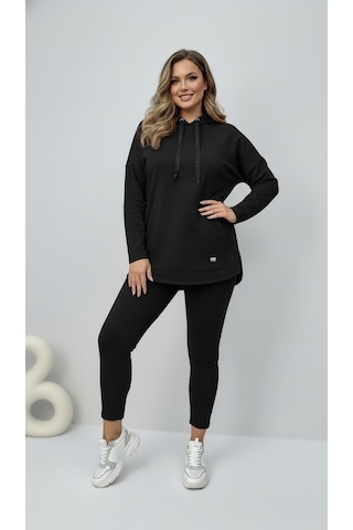 Koza Butik Kadın Büyük Beden Uzun Kollu Kapüşonlu Kanguru Cepli Sweatshirt 2016 Siyah