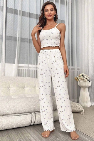 Merry See Baskılı Askılı Pijama Takımı Mor Çiçekli Mor