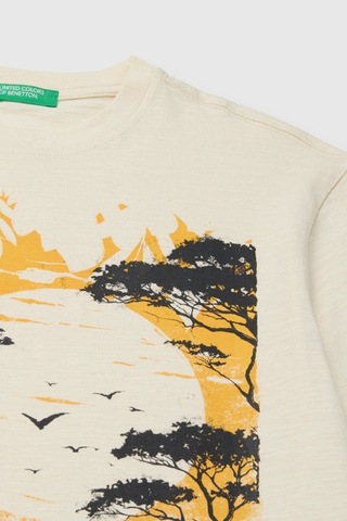 United Colors Of Benetton Erkek Çocuk Ekru Önü Baskı Detaylı Bisiklet Yaka T-shirt 6-14 Yaş -2849