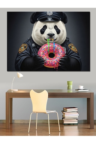 Panda Polis Pembe Donat Yiyor Dekoratif Kanvas - Mdf Ahşap Tablo