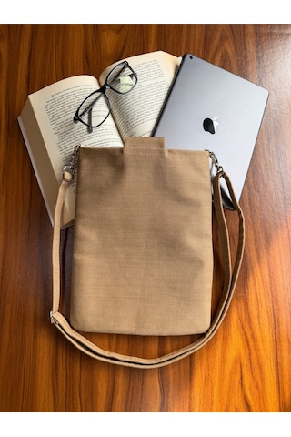 Aksesuarsepeti El Yapımı Cepli, Ayarlanabilir Askılı, Kağıt İp, Kitap Çantası, Tablet Kılıfı, Organizer Çanta Koyu Bej