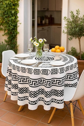 Yuvarlak Geometrik Siyah Desenli Duck Kumaş Masa Örtüsü 150x150 Cm Çok Renkli