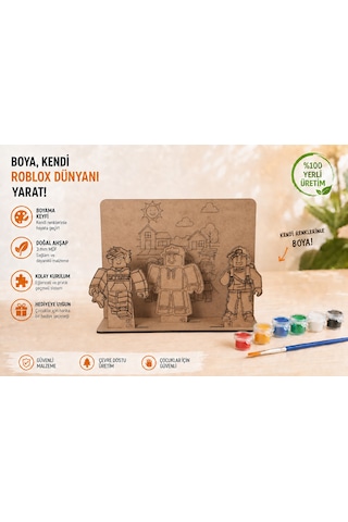 Blok Karakterler Temalı Ahşap Boyama Seti 3d Geçmeli Mdf Dekor, 6 Renk Boya Ve Fırça Dahil