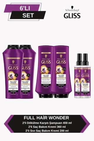 Gliss Full Hair Wonder Dökülme Karşıtı Şampuan 400ml X2 + Saç Kremi 360ml X2+ Sıvı Saç Kremi 200 Ml X2 set-hnkl-5224-6366 Tüm Saçlar