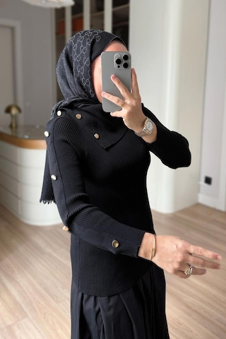 Kahijab Asimetrik Yaka Truvakar Kol Triko Bluz - Siyah
