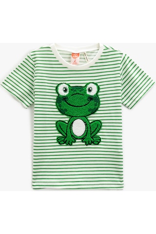 Koton Çizgili T-shirt Kurbağa Aplike Detaylı Kısa Kollu Bisiklet Yaka Deve Tüyü 3smb10012tk 3SMB10012TK120 Taba