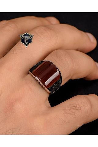 Prestij Gümüş 925 Ayar Gümüş Akik Taşlı Zirkon Taş Süslemeli Erkek Yüzüğü