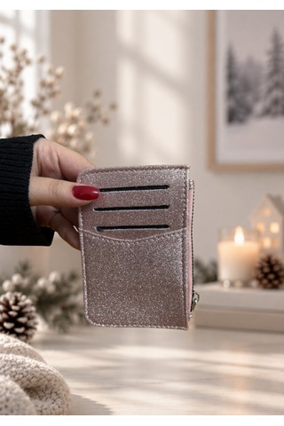 Elpida Bags Kadın Simli Işıltılı Dik Fermuarlı Kartlık Pembe