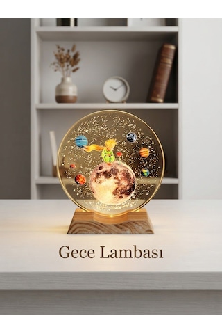 Küçük Prens Ve Gezegenler Temalı 5v Kablolu 3d Akrilik Gece Lambası Ahşap - Şeffaf