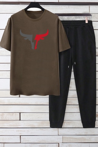 Unisex Boğa Baskılı Eşofman Takımı Kahverengi