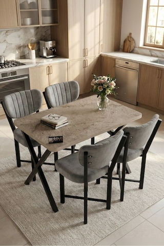 Reyo Falez Elma 110x70 Cm Masa Takımı 4 Sandalyeli Modern Mutfak Balkon Kafe Yemek Masası Seti Traverten - Gri 9886