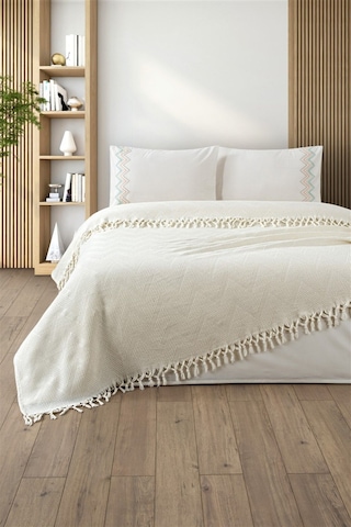 Waffle Dokuma Çift Kişilik Bağlama Saçaklı Pike Takımı-delfina-krem Krem Krem