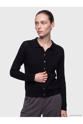 Lcw Modest Siyah Polo Ajurlu Kadın Triko Hırka
