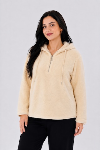 Gülmina Moda Kadın Çift Taraflı Wellsoft Yarım Fermuarlı Kapişonlu Sweat - Krem