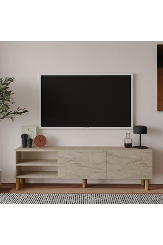 İnarch Dizayn River 150 Cm Modern Tv Sehpası Kapaklı Ve Raflı Tasarım Traverten