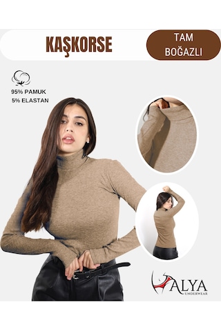 Alya Underwear Kaşkorse Tam Boğazlı Body Sweatshirt, Fitilli Kumaş, Likralı, Gül Kurusu Kahve Melanj