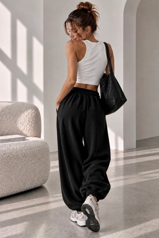 Bb Butik Basic Selanik Kumaş Jogger Pantolon Lastikli Paça Rahat Kesim My3535 Siyah