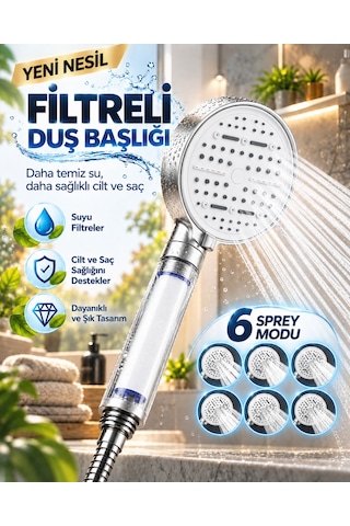 6 Sprey Modlu Filtreli Duş Başlığı Büyük Su Paneli Silikon Nozullu Beyaz Modern Tasarım Belirtilmemiş