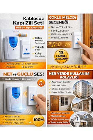 Kablosuz Kapı Zili Seti Pilli Ev Tipi Doorbell Çoklu Melodi S