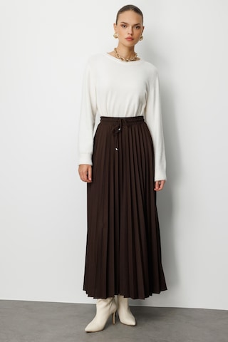 Mizalle Örme Krep Piliseli Maksi Kahverengi Etek Kahverengi
