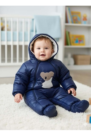Bebek İçi Kürklü Çıkabilen Patik Ve Eldivenli Astronot Tulum Lacivert