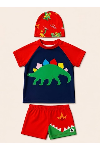 My Kids Wear Erkek Çocuk Dinozor Desenli Deniz Şortu Takımı 3 Parça Mayo Seti 12757 Siyah - Kırmızı