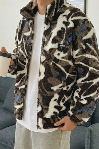 Genius Store Oversize Peluş Tam Fermuarlı Sweatshirt Peluş İçi Polarlı Sherpa Kumaş Sweatshirt Taş