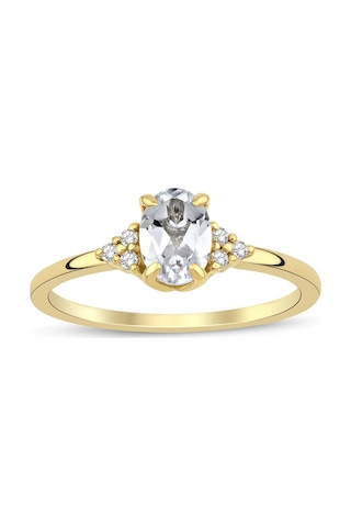 White Topaz Oval Tektaş Pırlanta Yüzük Sarı