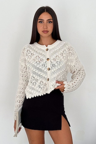 Noa & Noa Kadın Örgü Detaylı Düğmeli Hırka Cream Lace Beyaz