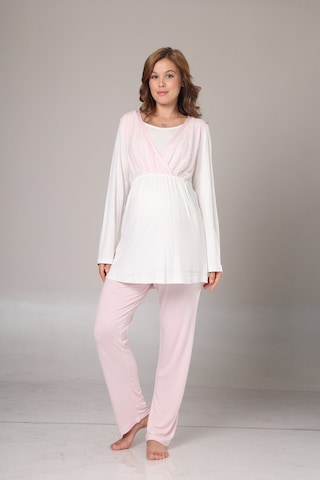Hafsara Yeni Sezon Kendinden Desenli Kışlık Sabahlıklı Kruvaze Dantel Detaylı Lohusa Pijama Takımı Pembe