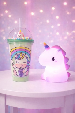 2'li Set Işıklı Renkli Unicorn Figürlü Gece Lambası & Pipetli Boncuk Detylı Suluk Bardak Yeşil 450ml Çok Renkli