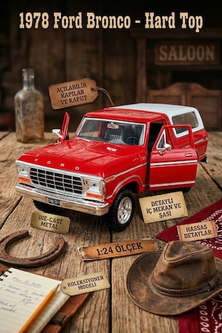 1978 Ford Bronco Hard Top 1:24 Ölçek Die-cast Metal Model Araba - Kırmızı/beyaz - Motor Max Çok Renkli