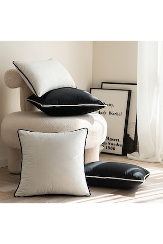Gajeena Siyah Beyaz Kenarli Kadife Telli Modern Minimalist Yastik Kılıfı - 45x45cm Yastiksiz, Ev Dekoru Icin Konforlu Omuzluk Siyah Beyaz