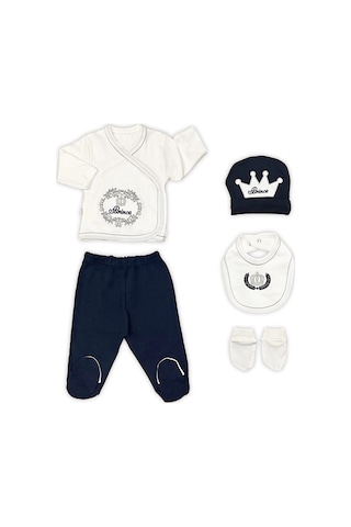 Sema Baby Prens Lüks 5 Parça Hastane Çıkışı Zıbın Seti - Lacivert Beyaz