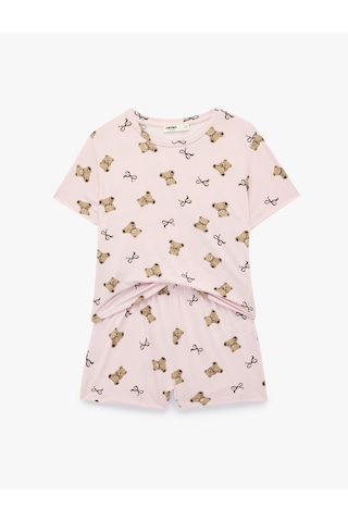 Koton Desenli Kısa Kollu Bisiklet Yaka Şortlu Pijama Takımı Bej Desenli 6slk40121mk Ekru