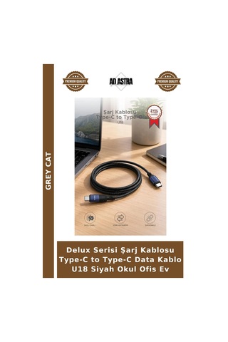 Delux Serisi Şarj Kablosu Type-c To Type-c Data Kablo U18 Siyah Okul Ofis Ev