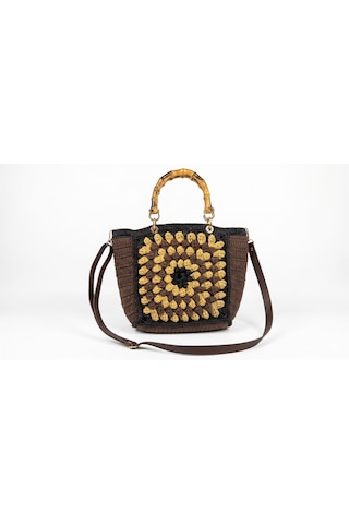 Jadda El Yapimi Günlük Örgü El Omuz Çantası Rafya İp Bambu Sap Kahve Tonlar Çok Renkli