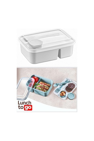 Lunch To Go Bölmeli Beslenme Kutusu Sosluk Hazneli Çatal ve Kaşıklı 920ml 40ml 14,5x20x7,4(H)cm Pudra