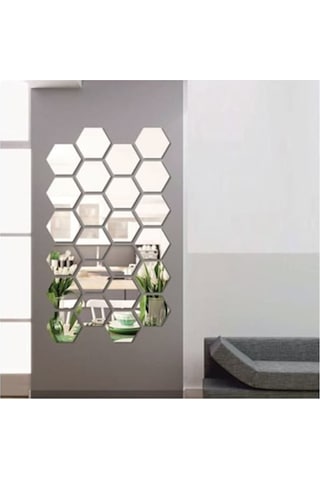 Dekoratif Pleksi Ayna Altıgen 10 Adet Yapışkanlı 20X20 Cm Gümüş