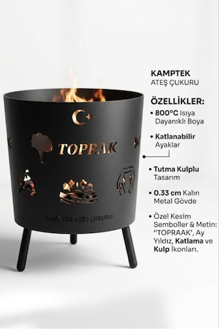 Pro Kalın Metal Ateş Çukuru - Kamp & Bahçe Şöminesi - Ayaklı Doğa Ateş Çukuru Figürlü Orta Boy