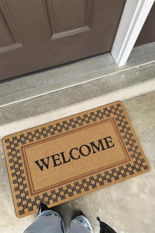 Coco Entry Ps029a Damalı Çerçeve Welcome Desen Kalın Kaymaz Taban Nem Alıcı Şık Kapı Önü Paspası Hardal