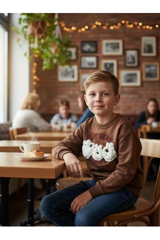 Zekids Erkek Çocuk Peluş Ayıcık İşlemeli Sweatshirt-16393 Kahverengi