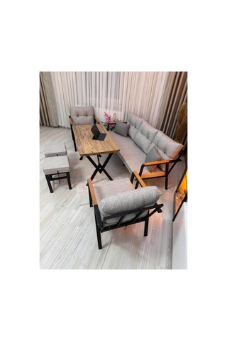 Houseart Dora 3 -1 - 1 + Masa + 2 Adet Puf , Balkon, Bahçe, Teras, Cafe - Salon - Metal Kanepe Koltuk Takımı , Çay Seti Açık Gri