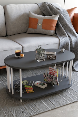 Modern Oval Orta Sehpa Çift Katlı Metal Ayaklı Salon, Ofis, Dekoratif Sehpa, Beyaz Demir Antrasit